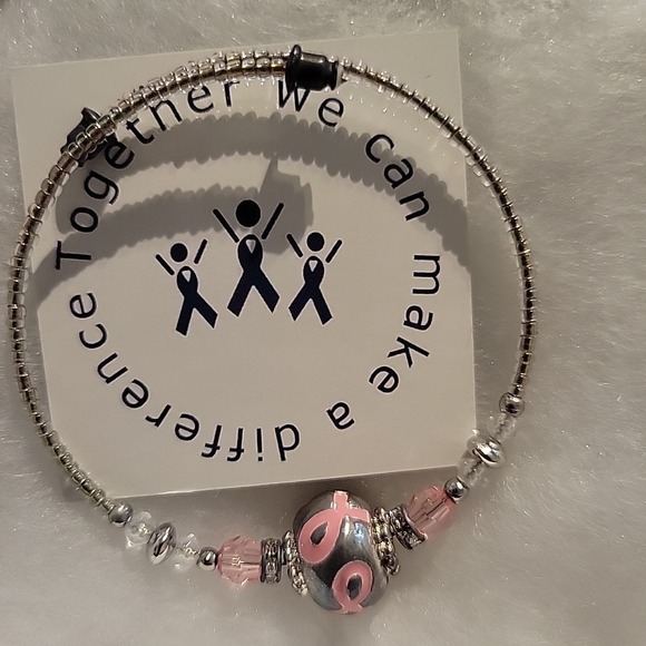 Pink Breast Cancer Ribbon Hope Bangle Sterling Silver Plated Bracelet - Picture 1 of 6
